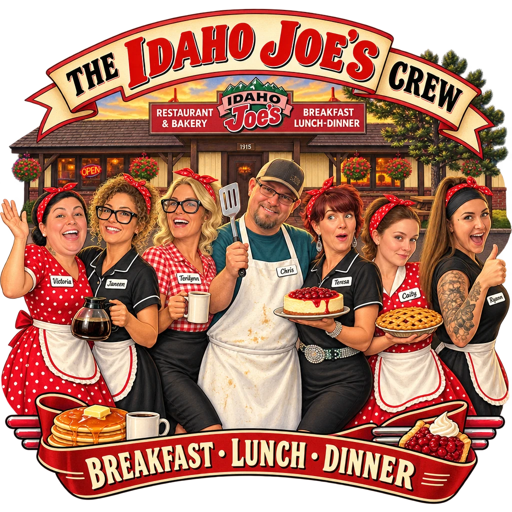 Idaho Joe's sticker: the whole crew in retro uniforms outside the restaurant – “The Idaho Joe's Crew”