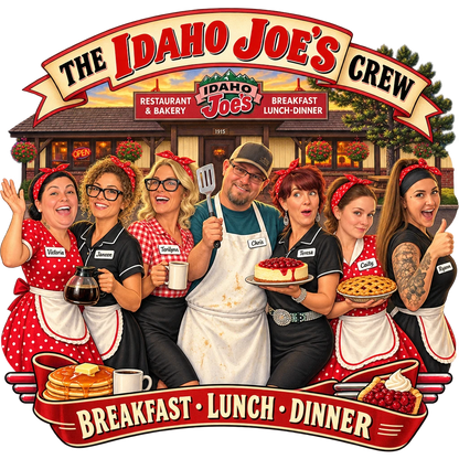 Idaho Joe's sticker: the whole crew in retro uniforms outside the restaurant – “The Idaho Joe's Crew”