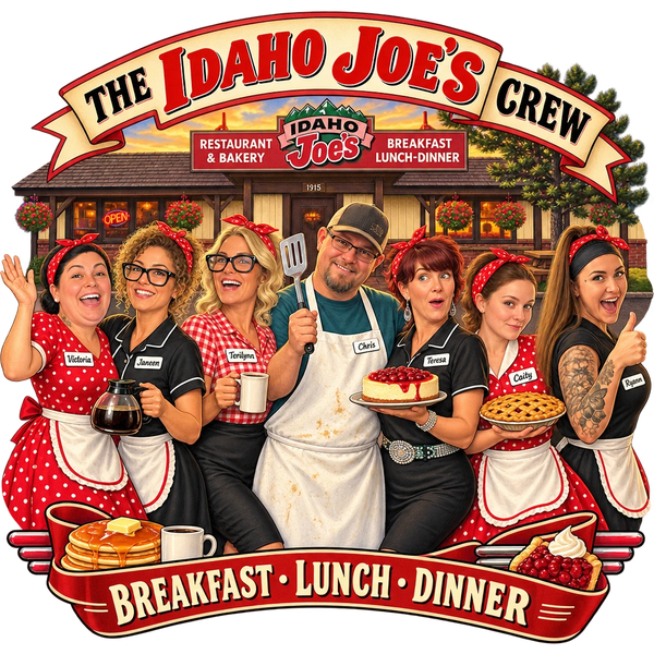 Idaho Joe's sticker: the whole crew in retro uniforms outside the restaurant – “The Idaho Joe's Crew”
