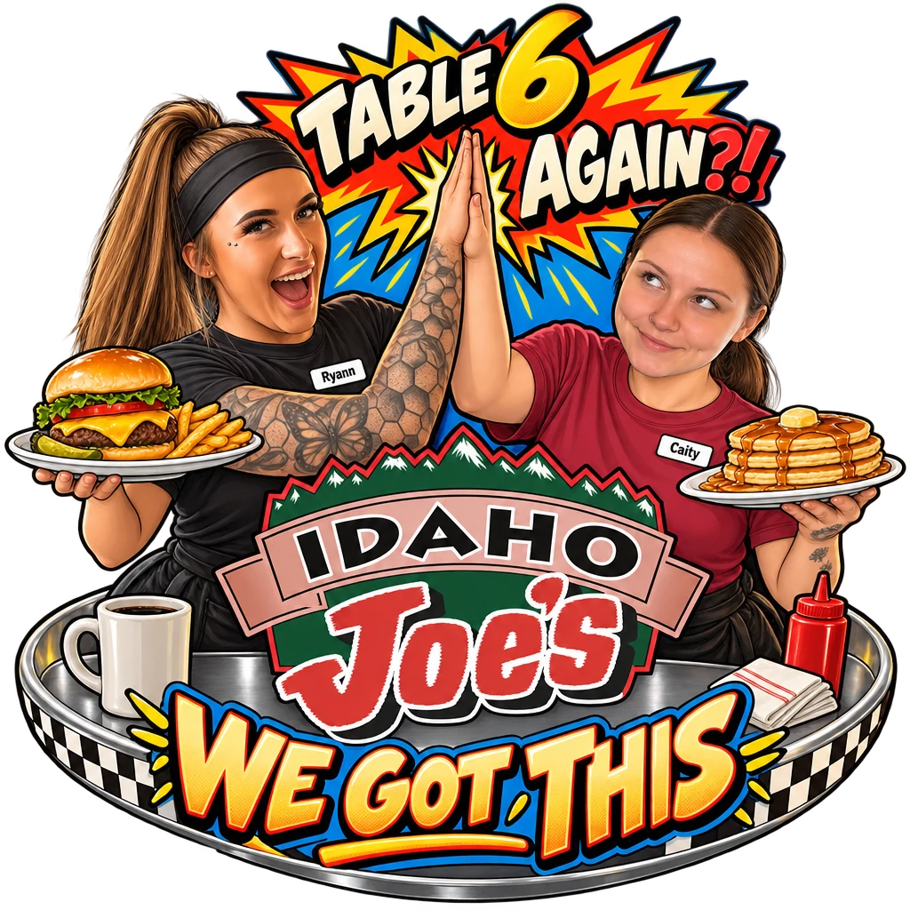 Idaho Joe's sticker: Ryann and Caity high-fiving with plates of food – “Table 6 Again?!”
