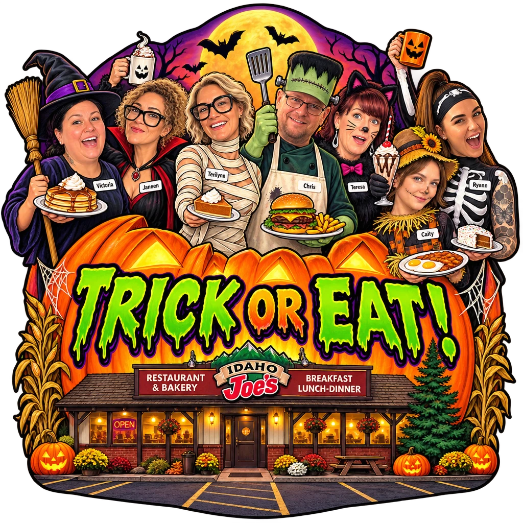 Idaho Joe's sticker: the crew with plates of food behind a giant jack-o'-lantern – “Trick or Eat!”
