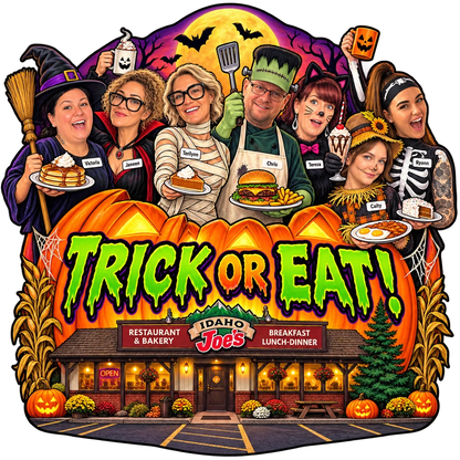 Idaho Joe's sticker: the crew with plates of food behind a giant jack-o'-lantern – “Trick or Eat!”