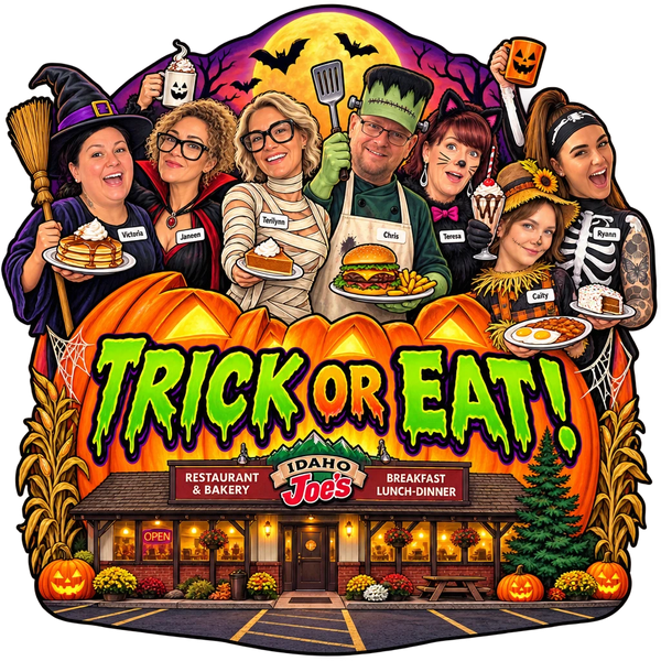 Idaho Joe's sticker: the crew with plates of food behind a giant jack-o'-lantern – “Trick or Eat!”