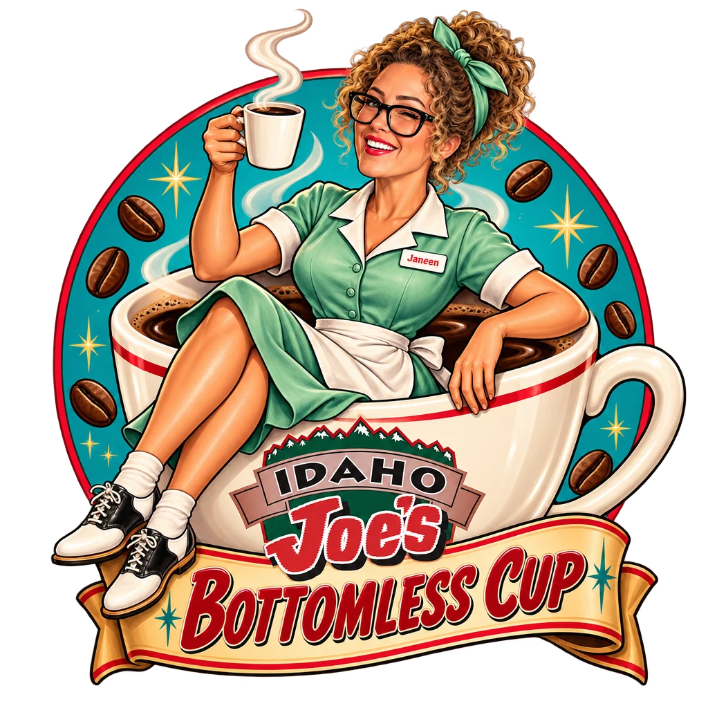 Idaho Joe's sticker: Janeen as a pin-up waitress lounging in a giant coffee cup – “Bottomless Cup”