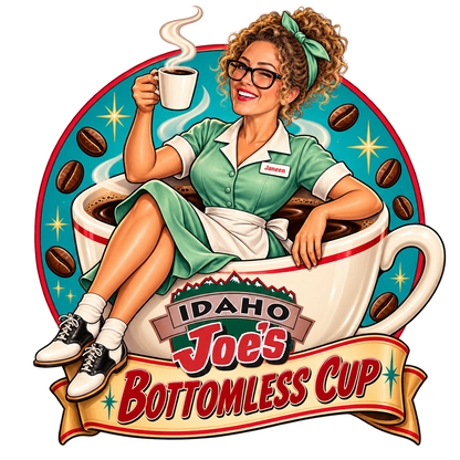 Idaho Joe's sticker: Janeen as a pin-up waitress lounging in a giant coffee cup – “Bottomless Cup”