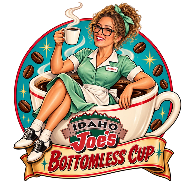 Idaho Joe's sticker: Janeen as a pin-up waitress lounging in a giant coffee cup – “Bottomless Cup”
