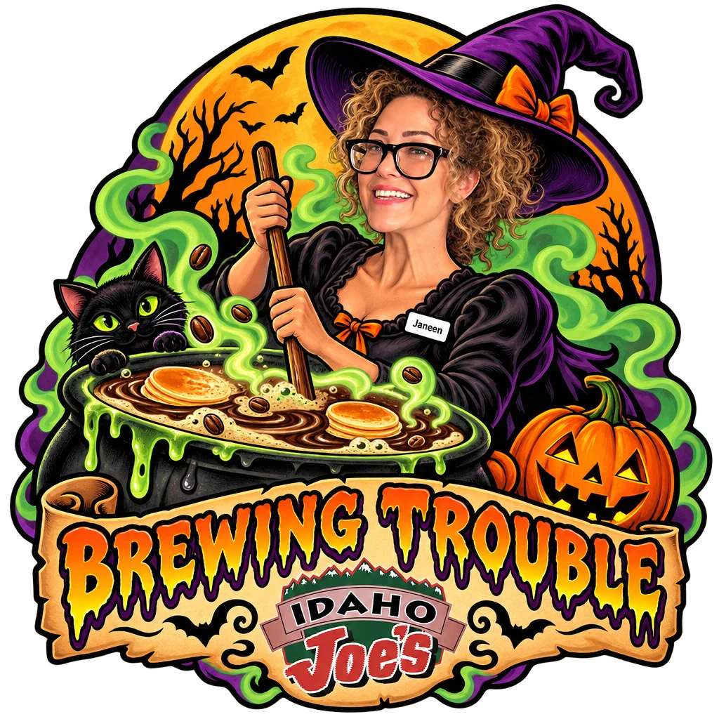 Idaho Joe's sticker: Janeen as a witch stirring a cauldron of pancakes – “Brewing Trouble”