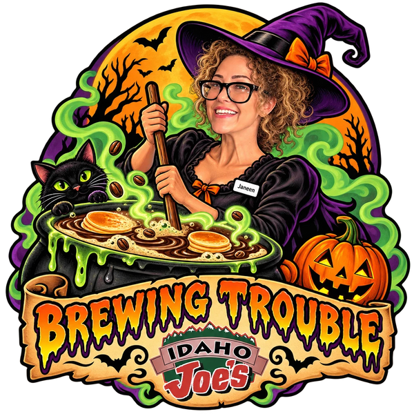 Idaho Joe's sticker: Janeen as a witch stirring a cauldron of pancakes – “Brewing Trouble”