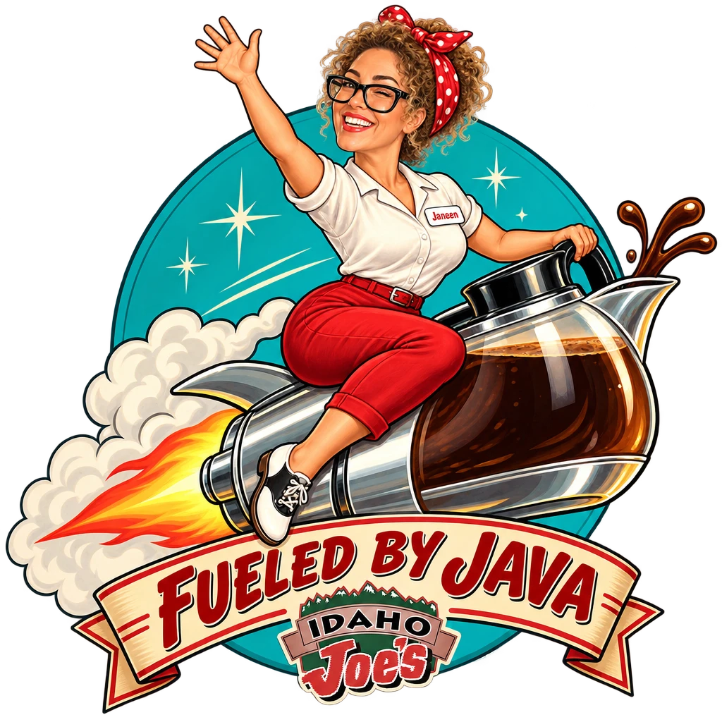 Idaho Joe's sticker: Janeen riding a rocket-powered coffee pot – “Fueled by Java”