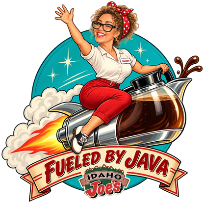 Idaho Joe's sticker: Janeen riding a rocket-powered coffee pot – “Fueled by Java”