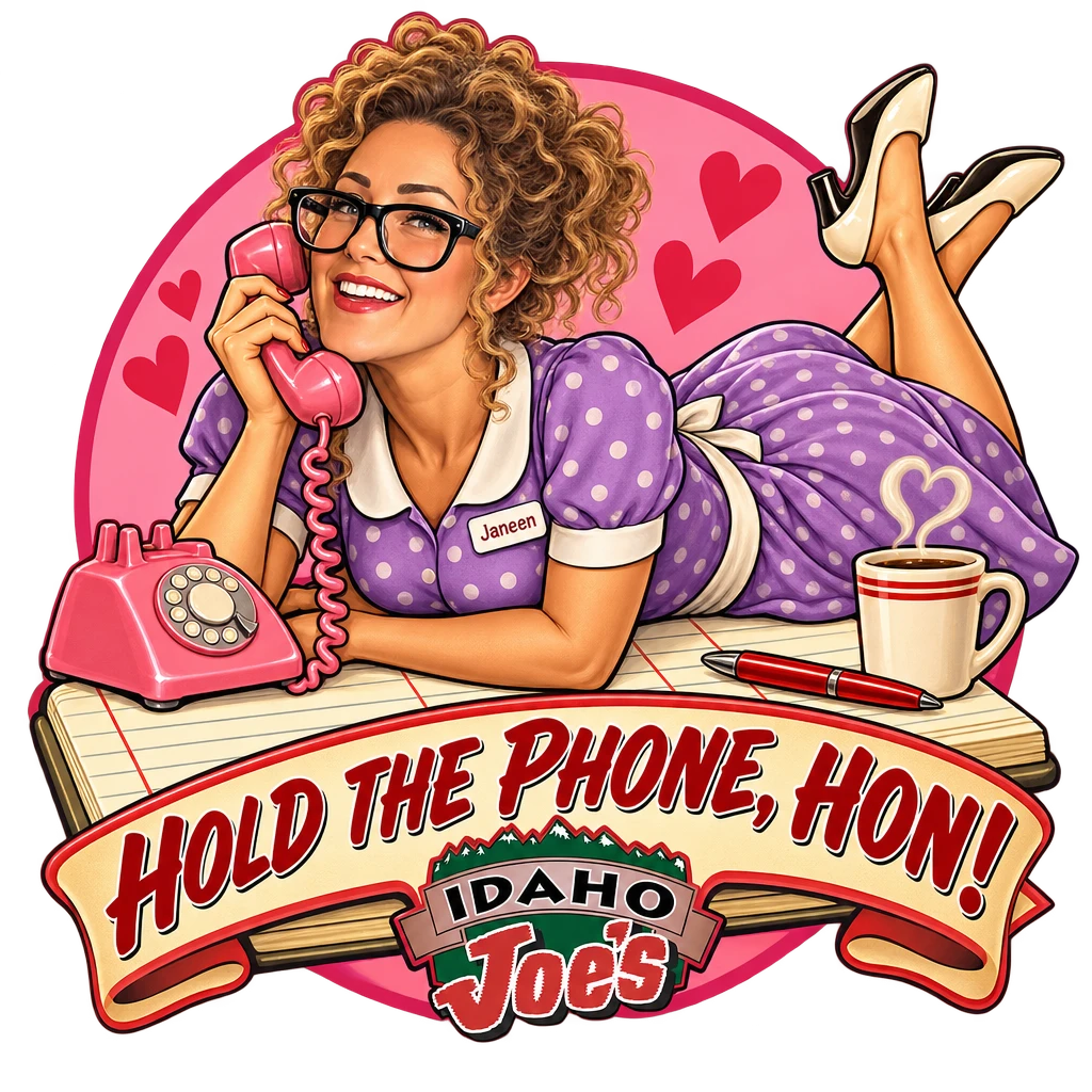 Idaho Joe's sticker: Janeen as a pin-up on a pink rotary phone – “Hold the Phone, Hon!”