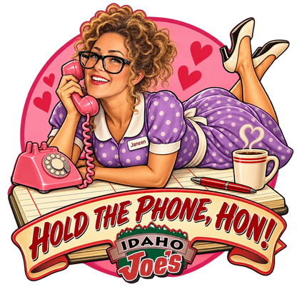 Idaho Joe's sticker: Janeen as a pin-up on a pink rotary phone – “Hold the Phone, Hon!”