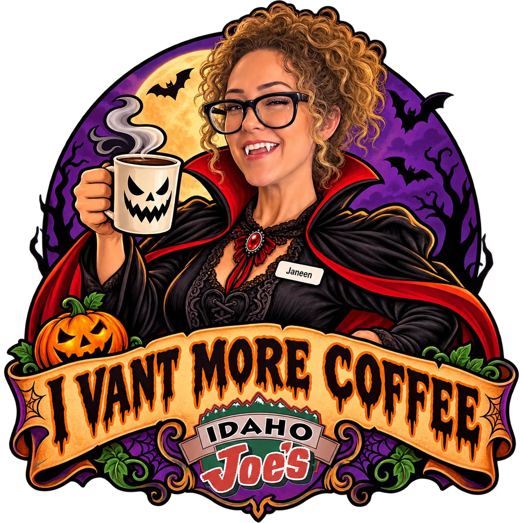 Idaho Joe's sticker: Janeen dressed as a vampire raising a jack-o'-lantern coffee mug – “I Vant More Coffee”