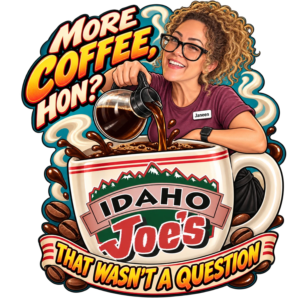 Idaho Joe's sticker: Janeen pouring coffee into a giant Idaho Joe's mug – “More Coffee, Hon?”