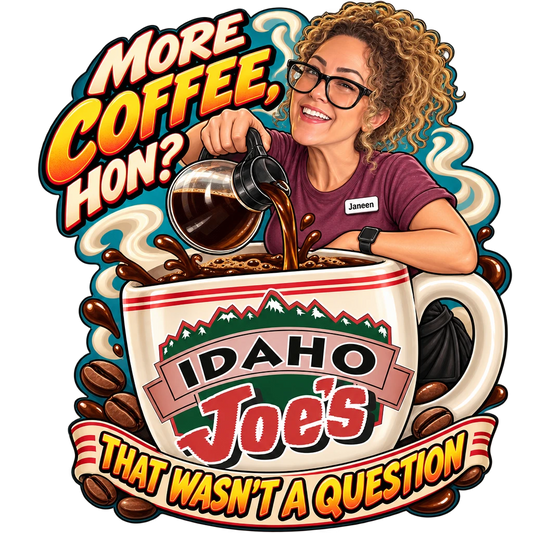 Idaho Joe's sticker: Janeen pouring coffee into a giant Idaho Joe's mug – “More Coffee, Hon?”