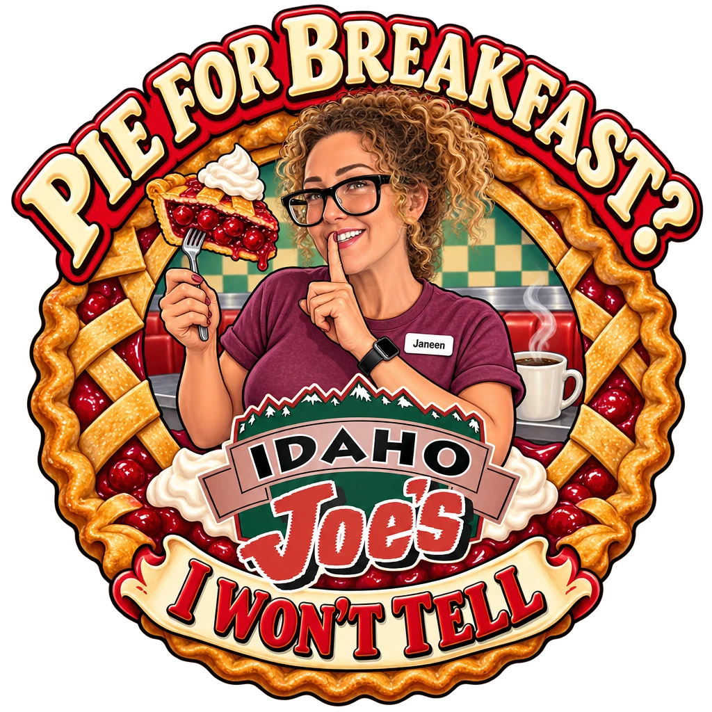 Idaho Joe's sticker: Janeen sneaking a bite of cherry pie – “Pie for Breakfast?”