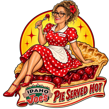 Idaho Joe's sticker: Janeen in a polka-dot dress sitting on a giant cherry pie slice – “Pie Served Hot”