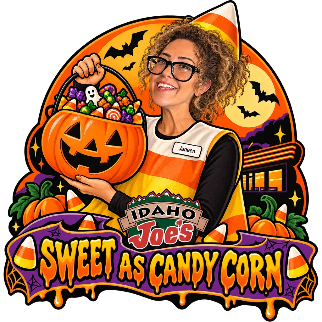 Idaho Joe's sticker: Janeen in a candy corn costume holding a pumpkin candy bucket – “Sweet as Candy Corn”