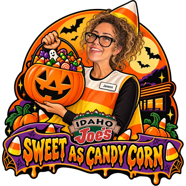 Idaho Joe's sticker: Janeen in a candy corn costume holding a pumpkin candy bucket – “Sweet as Candy Corn”