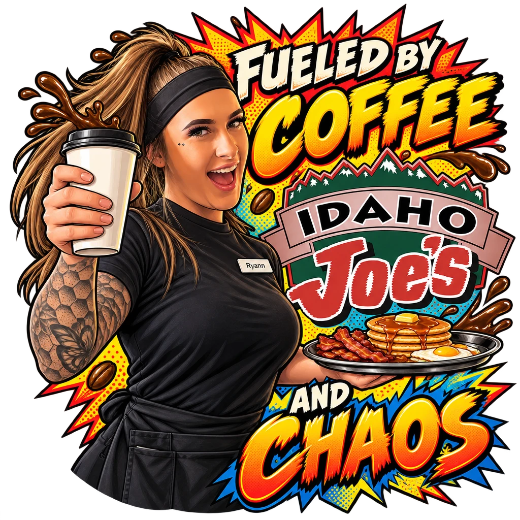 Idaho Joe's sticker: Ryann with a to-go coffee and a breakfast plate – “Fueled by Coffee and Chaos”