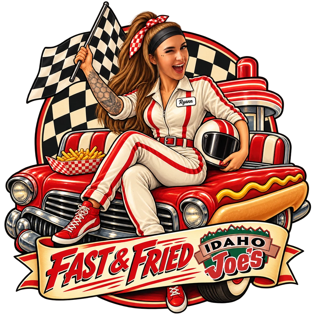 Idaho Joe's sticker: Ryann as a race driver on a hot-dog hot rod – “Fast & Fried”