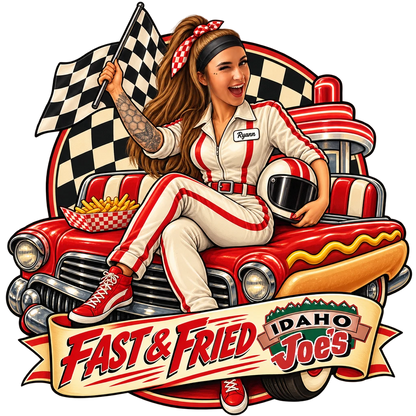 Idaho Joe's sticker: Ryann as a race driver on a hot-dog hot rod – “Fast & Fried”