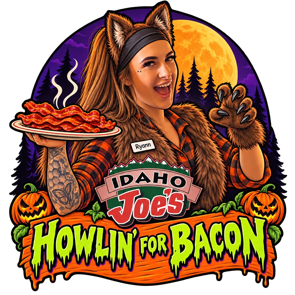 Idaho Joe's sticker: Ryann as a werewolf with a plate of bacon – “Howlin' for Bacon”