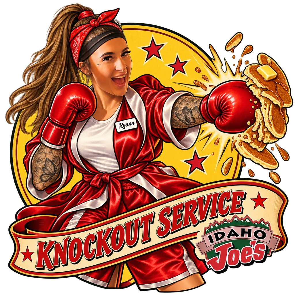 Idaho Joe's sticker: Ryann as a boxer punching a pancake stack – “Knockout Service”