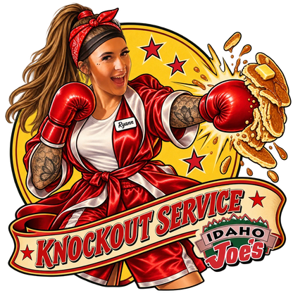 Idaho Joe's sticker: Ryann as a boxer punching a pancake stack – “Knockout Service”