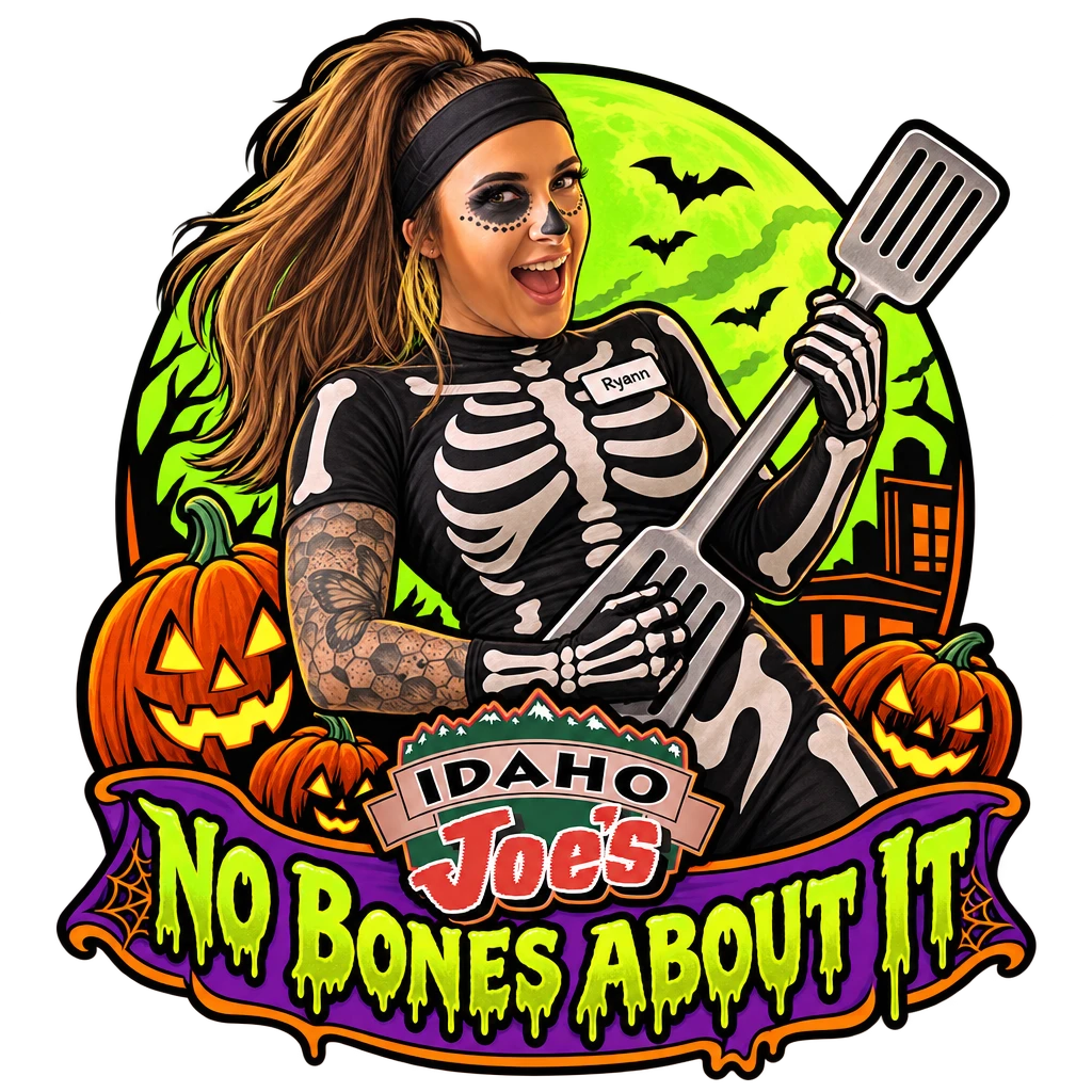 Idaho Joe's sticker: Ryann in a skeleton suit with face paint and a spatula – “No Bones About It”