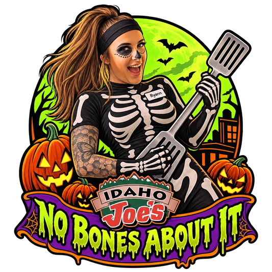 Idaho Joe's sticker: Ryann in a skeleton suit with face paint and a spatula – “No Bones About It”