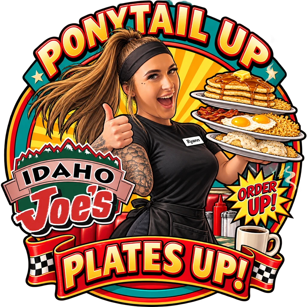 Idaho Joe's sticker: Ryann balancing breakfast plates with a thumbs up – “Ponytail Up, Plates Up!”