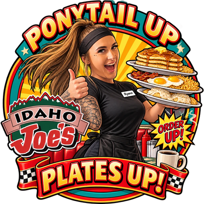 Idaho Joe's sticker: Ryann balancing breakfast plates with a thumbs up – “Ponytail Up, Plates Up!”