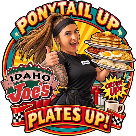 Idaho Joe's sticker: Ryann balancing breakfast plates with a thumbs up – “Ponytail Up, Plates Up!”