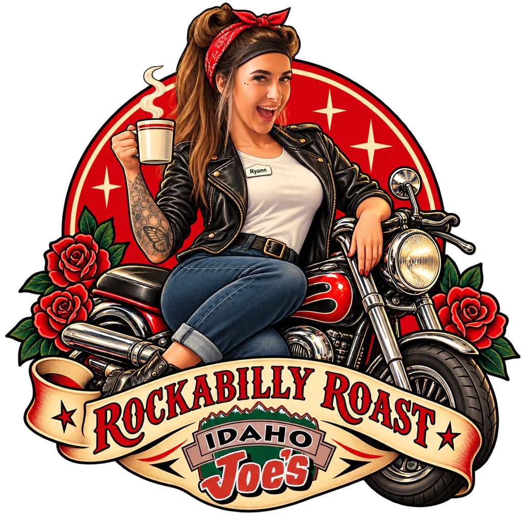 Idaho Joe's sticker: Ryann on a motorcycle with a coffee mug – “Rockabilly Roast”
