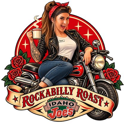 Idaho Joe's sticker: Ryann on a motorcycle with a coffee mug – “Rockabilly Roast”