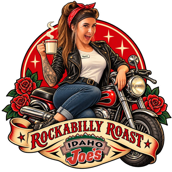 Idaho Joe's sticker: Ryann on a motorcycle with a coffee mug – “Rockabilly Roast”