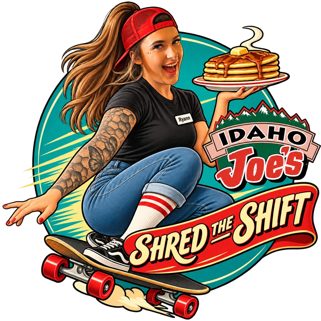 Idaho Joe's sticker: Ryann skateboarding with a stack of pancakes – “Shred the Shift”
