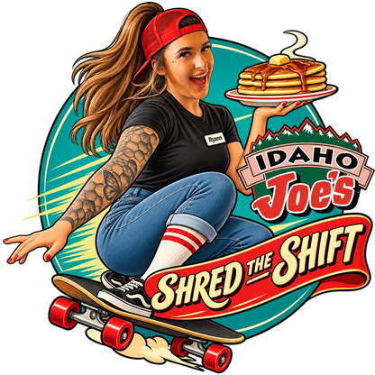 Idaho Joe's sticker: Ryann skateboarding with a stack of pancakes – “Shred the Shift”