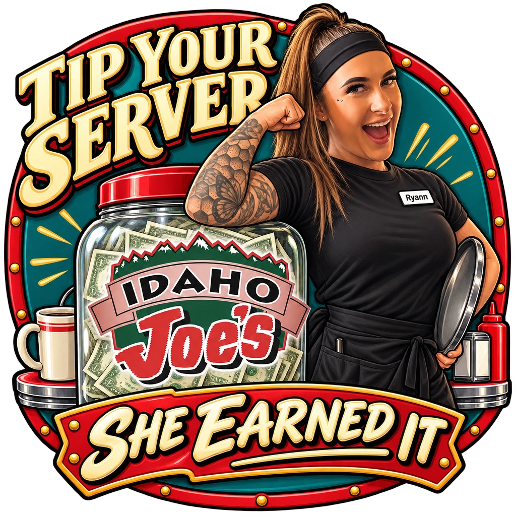 Idaho Joe's sticker: Ryann flexing next to a full tip jar – “Tip Your Server”