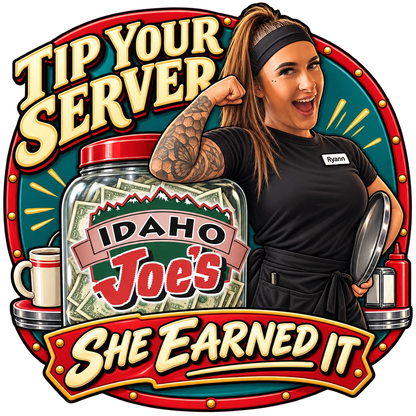 Idaho Joe's sticker: Ryann flexing next to a full tip jar – “Tip Your Server”