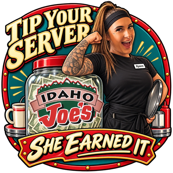 Idaho Joe's sticker: Ryann flexing next to a full tip jar – “Tip Your Server”