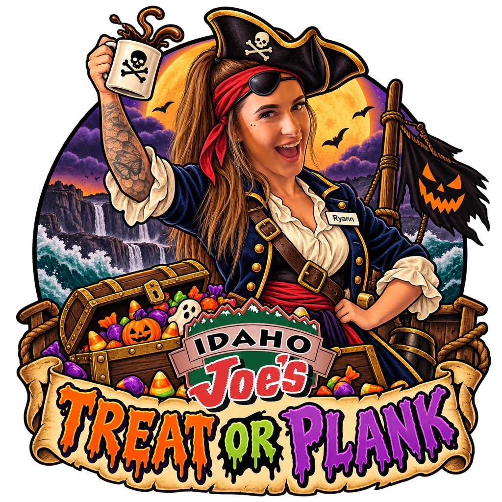 Idaho Joe's sticker: Ryann as a pirate with a treasure chest of candy – “Treat or Plank”