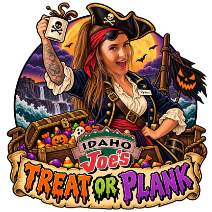 Idaho Joe's sticker: Ryann as a pirate with a treasure chest of candy – “Treat or Plank”