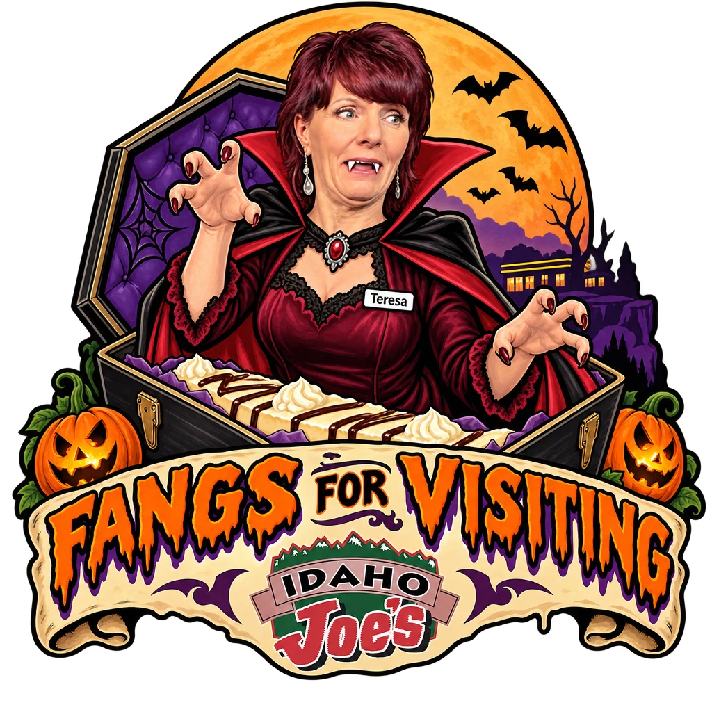 Idaho Joe's sticker: Teresa as a vampire rising from a coffin of cheesecake – “Fangs for Visiting”