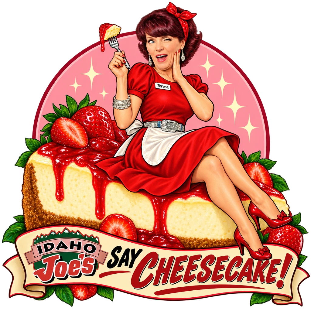 Idaho Joe's sticker: Teresa as a pin-up sitting on a giant strawberry cheesecake – “Say Cheesecake!”