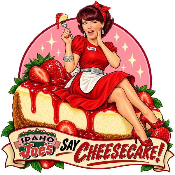 Idaho Joe's sticker: Teresa as a pin-up sitting on a giant strawberry cheesecake – “Say Cheesecake!”