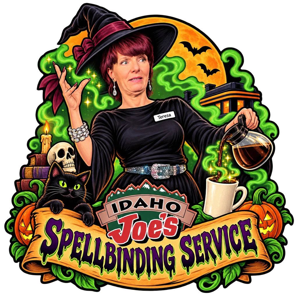 Idaho Joe's sticker: Teresa as a witch magically pouring coffee – “Spellbinding Service”