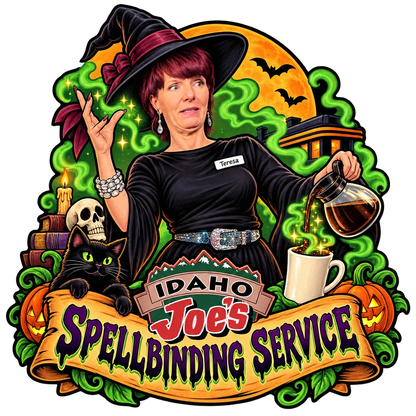 Idaho Joe's sticker: Teresa as a witch magically pouring coffee – “Spellbinding Service”