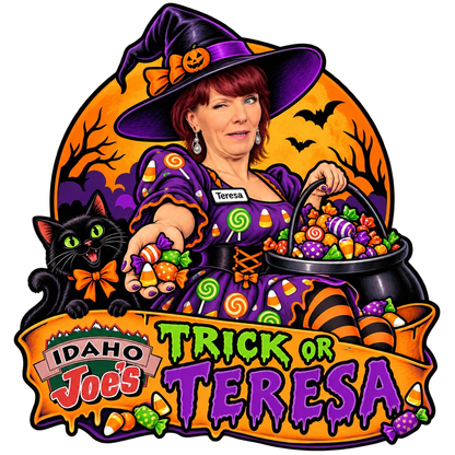 Idaho Joe's sticker: Teresa as a candy witch handing out treats – “Trick or Teresa”
